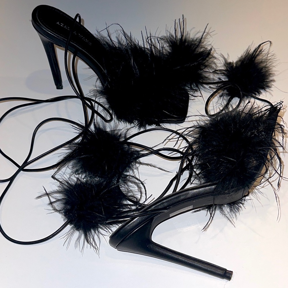 Azelea Wang black feather heels that lace up. Size 7